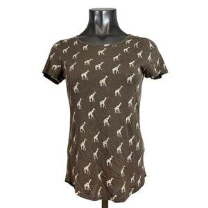 Halogen Women's T-Shirt Short Sleeve Novelty Print Giraffes Brown Linen Blend XS